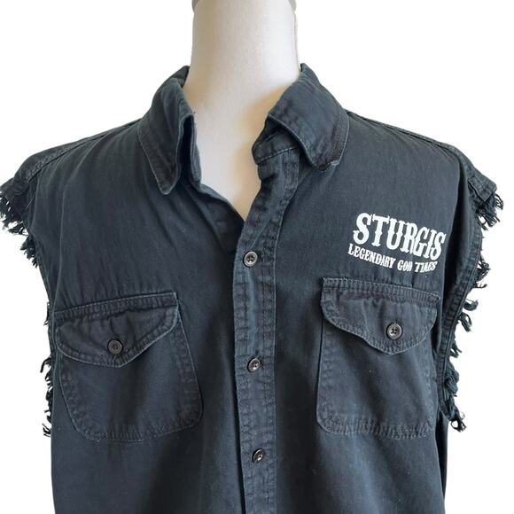 Sturgis Sleeveless Shirt Men Size Large Black Motorcyle Rally Raw Edge Button Up - Picture 2 of 10